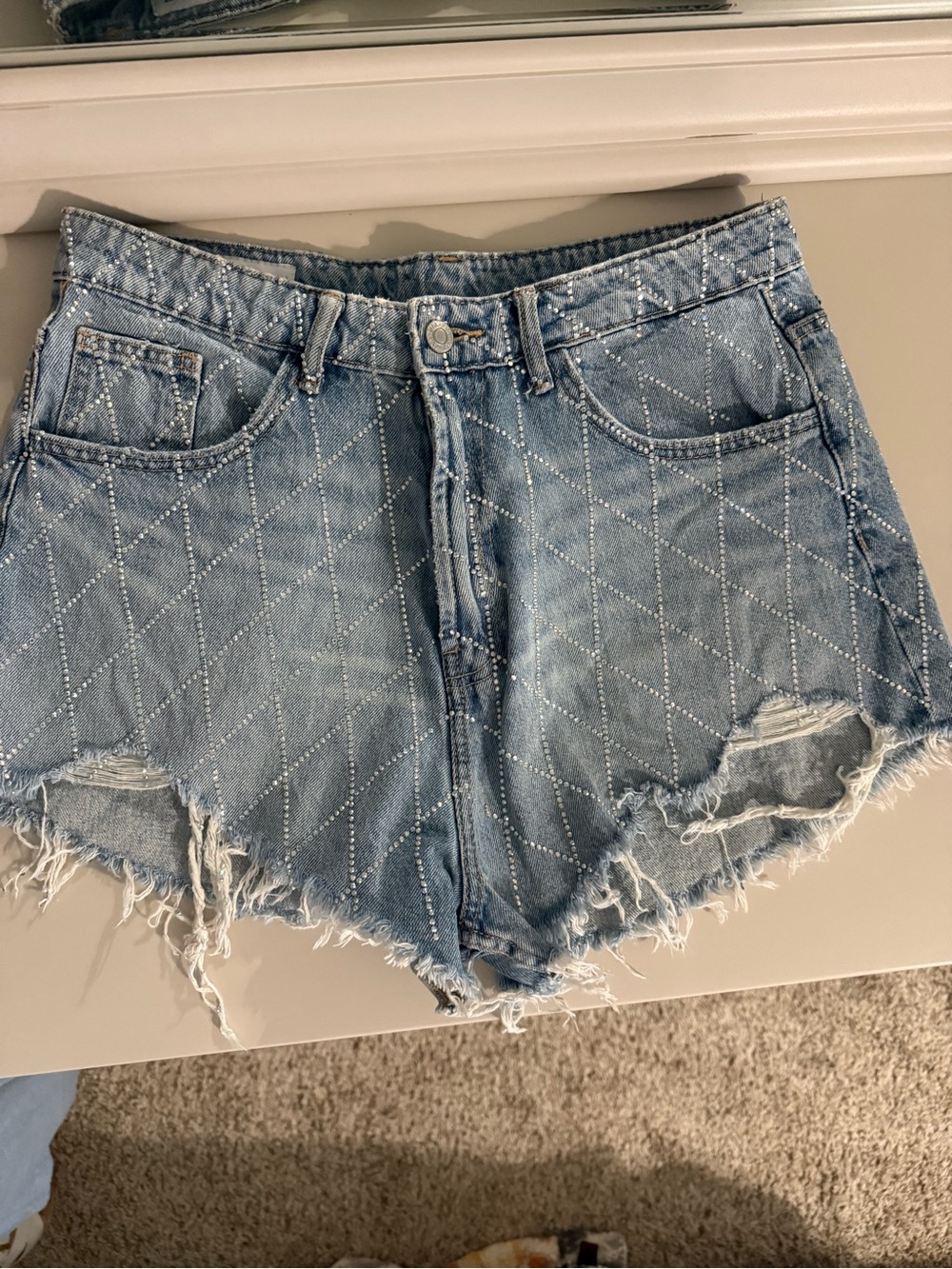 NWOT Zara Jeweled Quilted Distressed High Waist Denim Shorts